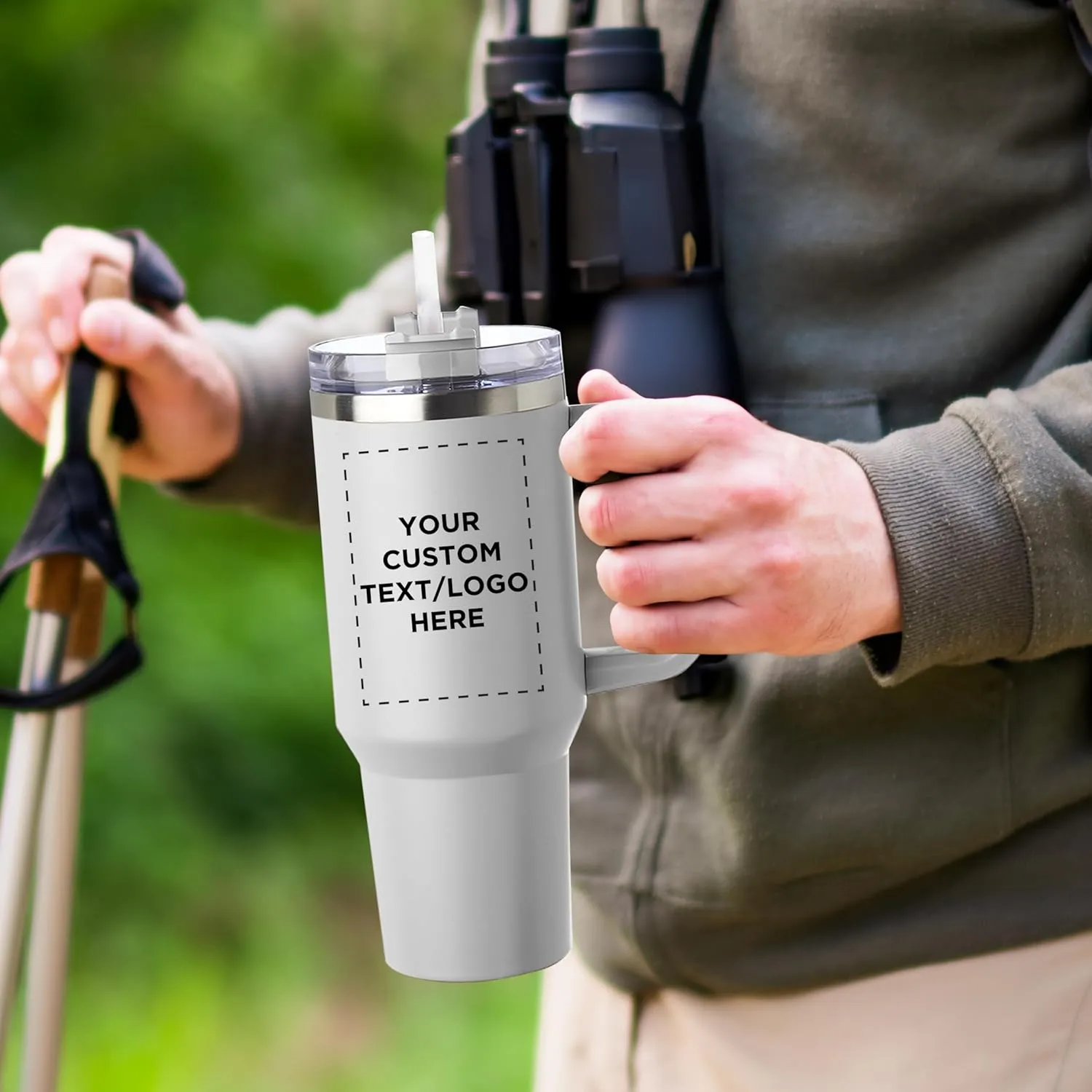 DISCOUNT PROMOS Custom Alps Stainless Steel Travel Mugs with Handle 40 oz, Set of 12, Personalized Bulk Pack - Ideal for Outdoor Adventures and Daily Commute, Great for Water or Coffee - White
