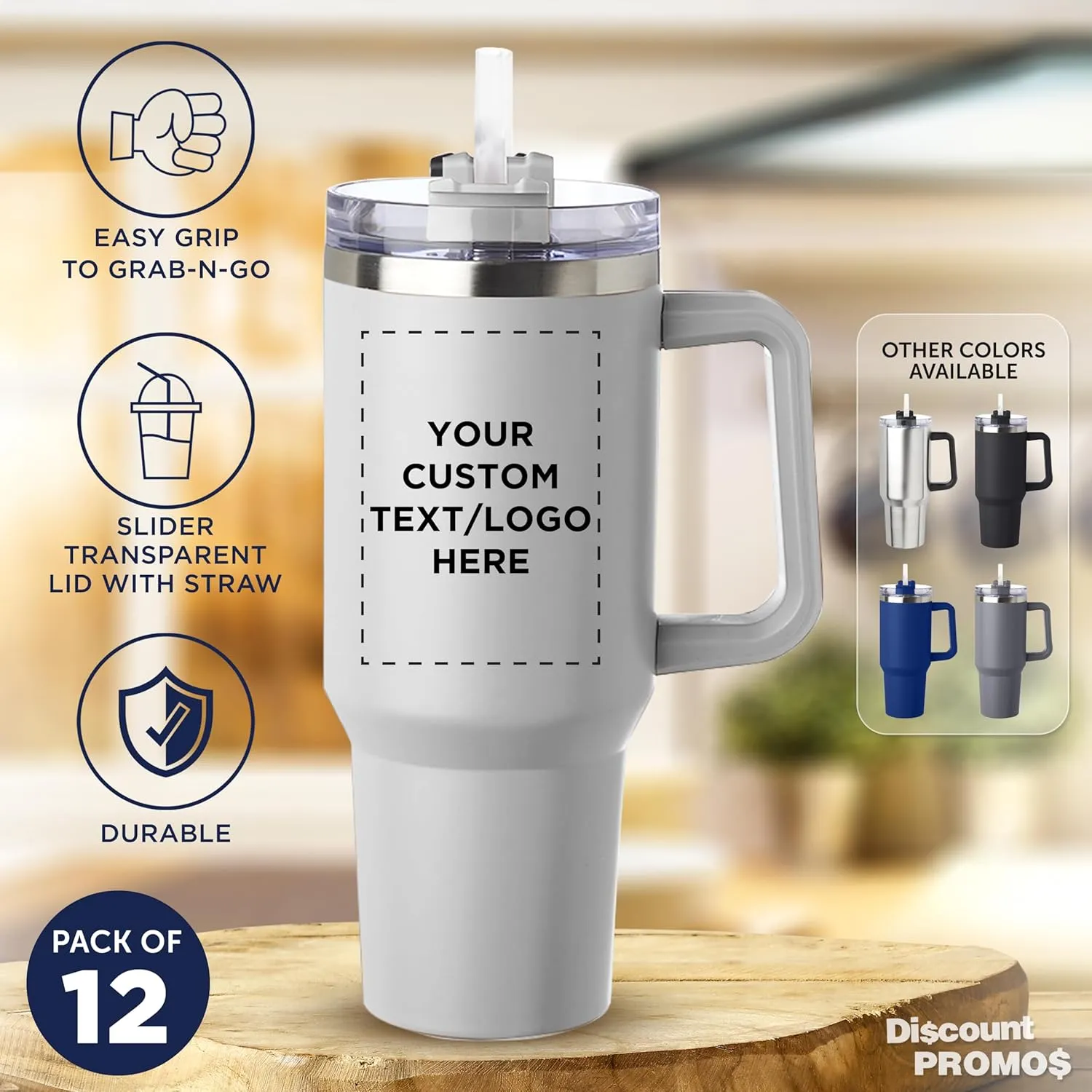 DISCOUNT PROMOS Custom Alps Stainless Steel Travel Mugs with Handle 40 oz, Set of 12, Personalized Bulk Pack - Ideal for Outdoor Adventures and Daily Commute, Great for Water or Coffee - White