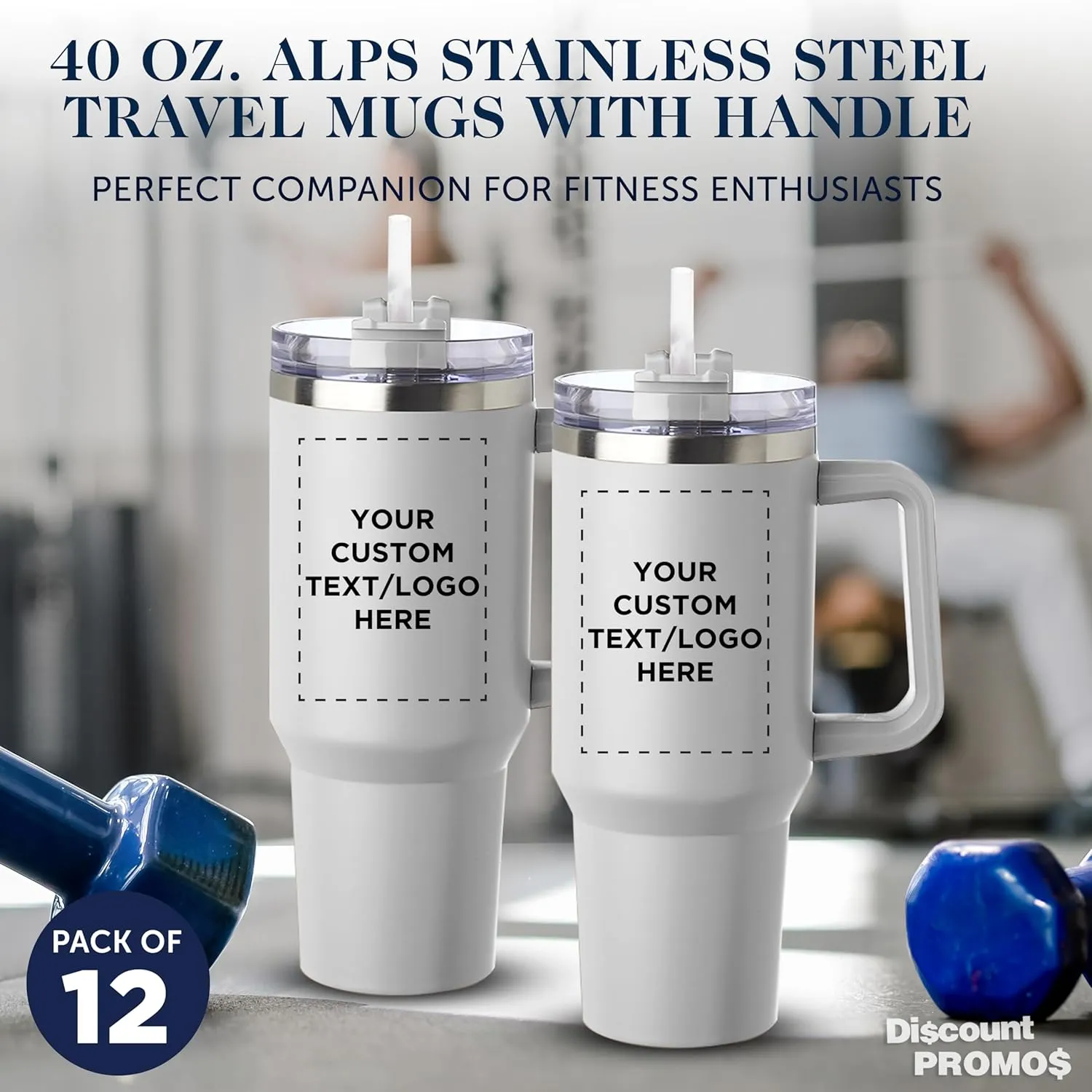 DISCOUNT PROMOS Custom Alps Stainless Steel Travel Mugs with Handle 40 oz, Set of 12, Personalized Bulk Pack - Ideal for Outdoor Adventures and Daily Commute, Great for Water or Coffee - White