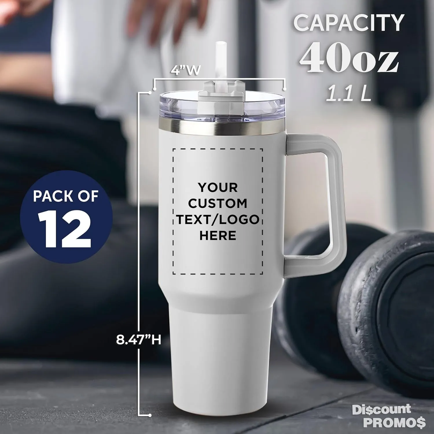 DISCOUNT PROMOS Custom Alps Stainless Steel Travel Mugs with Handle 40 oz, Set of 12, Personalized Bulk Pack - Ideal for Outdoor Adventures and Daily Commute, Great for Water or Coffee - White