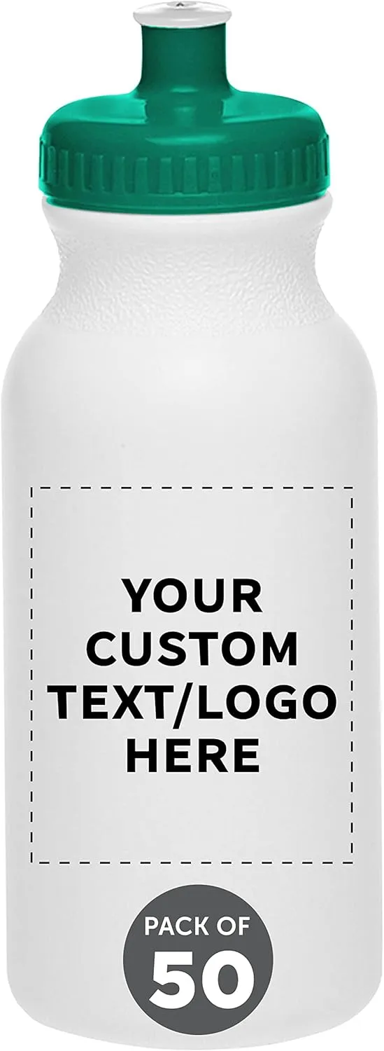 DISCOUNT PROMOS Custom White Water Bottles with Push Cap -50 pack, Customizable Text, Logo, 20 oz, Reusable BPA FREE Squeezable Bottles in Bulk - White Green