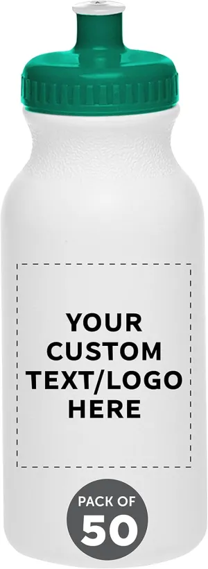 DISCOUNT PROMOS Custom White Water Bottles with Push Cap -50 pack, Customizable Text, Logo, 20 oz, Reusable BPA FREE Squeezable Bottles in Bulk - White Green