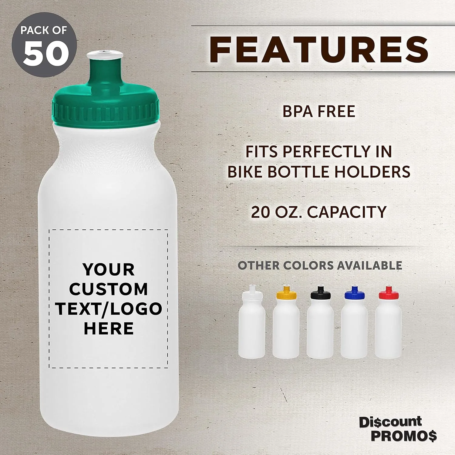 DISCOUNT PROMOS Custom White Water Bottles with Push Cap -50 pack, Customizable Text, Logo, 20 oz, Reusable BPA FREE Squeezable Bottles in Bulk - White Green