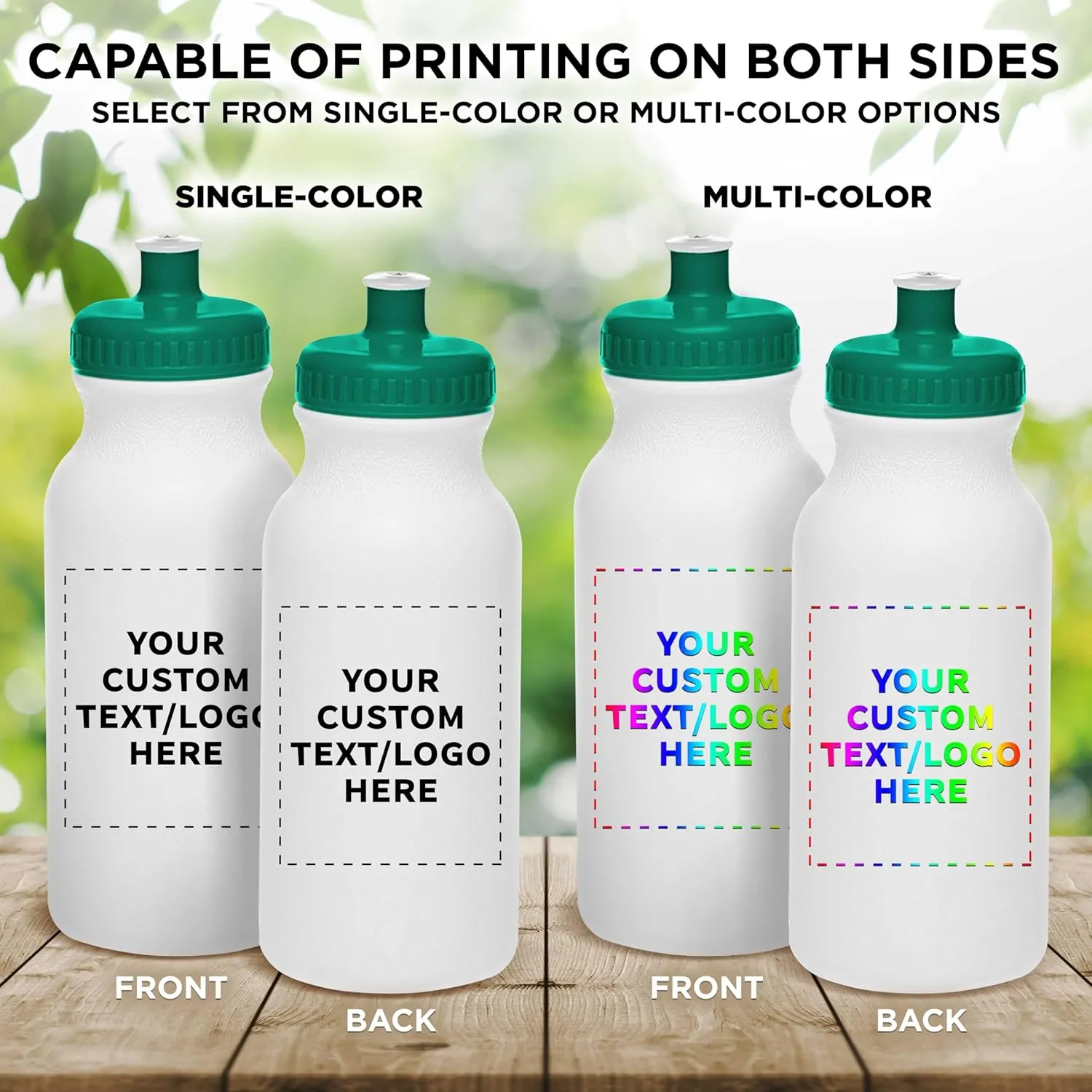 DISCOUNT PROMOS Custom White Water Bottles with Push Cap -50 pack, Customizable Text, Logo, 20 oz, Reusable BPA FREE Squeezable Bottles in Bulk - White Green