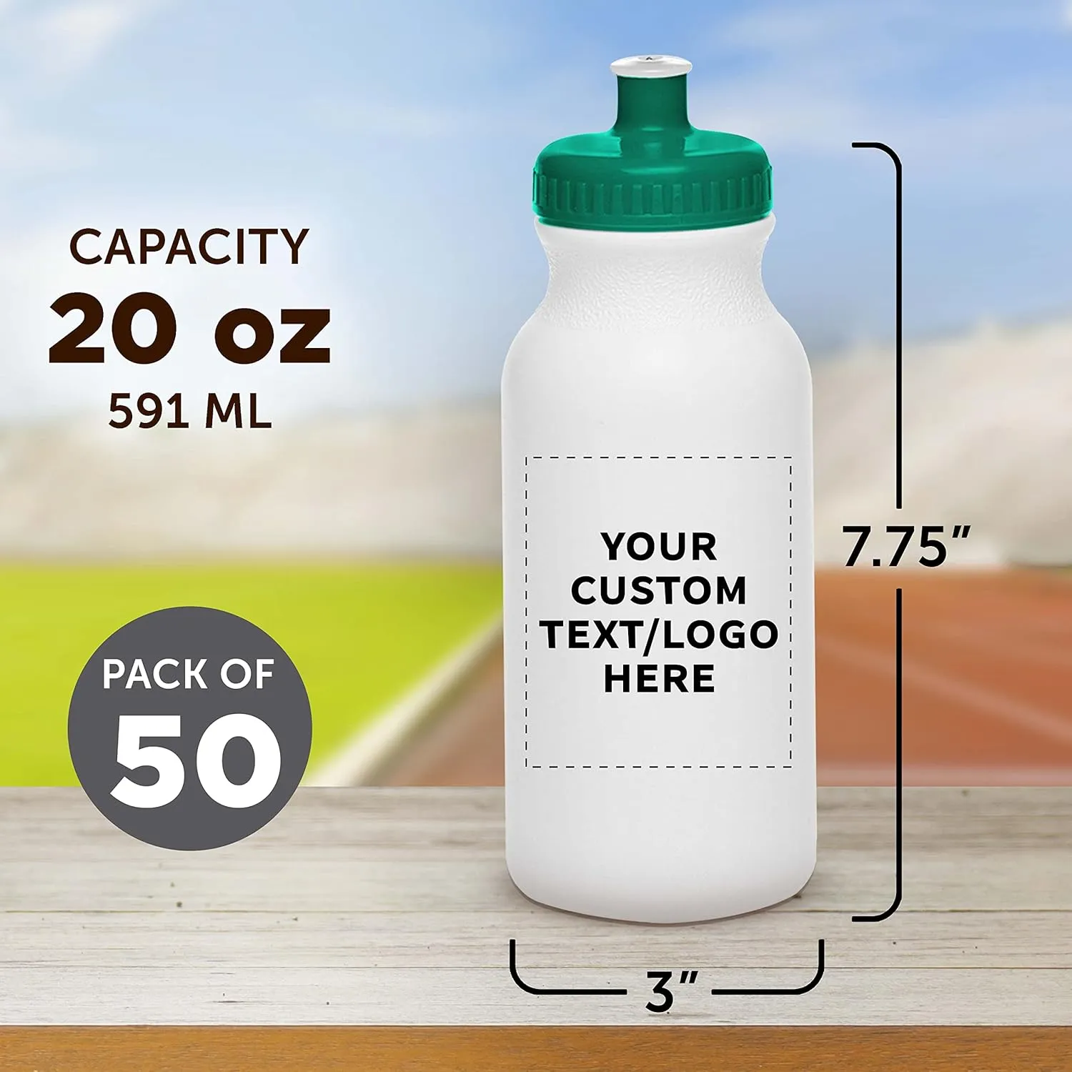 DISCOUNT PROMOS Custom White Water Bottles with Push Cap -50 pack, Customizable Text, Logo, 20 oz, Reusable BPA FREE Squeezable Bottles in Bulk - White Green