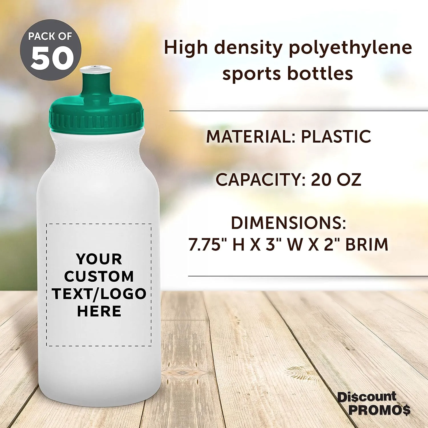 DISCOUNT PROMOS Custom White Water Bottles with Push Cap -50 pack, Customizable Text, Logo, 20 oz, Reusable BPA FREE Squeezable Bottles in Bulk - White Green