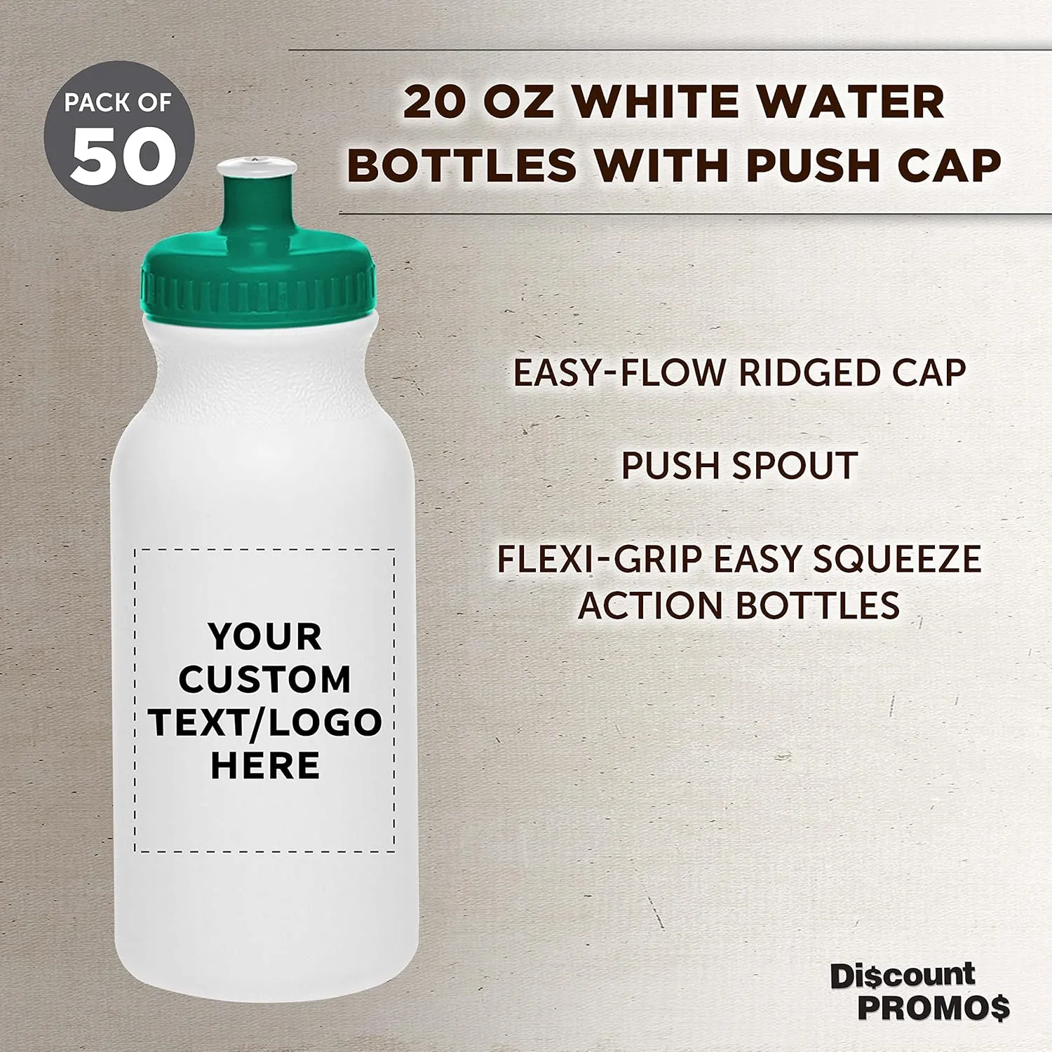 DISCOUNT PROMOS Custom White Water Bottles with Push Cap -50 pack, Customizable Text, Logo, 20 oz, Reusable BPA FREE Squeezable Bottles in Bulk - White Green