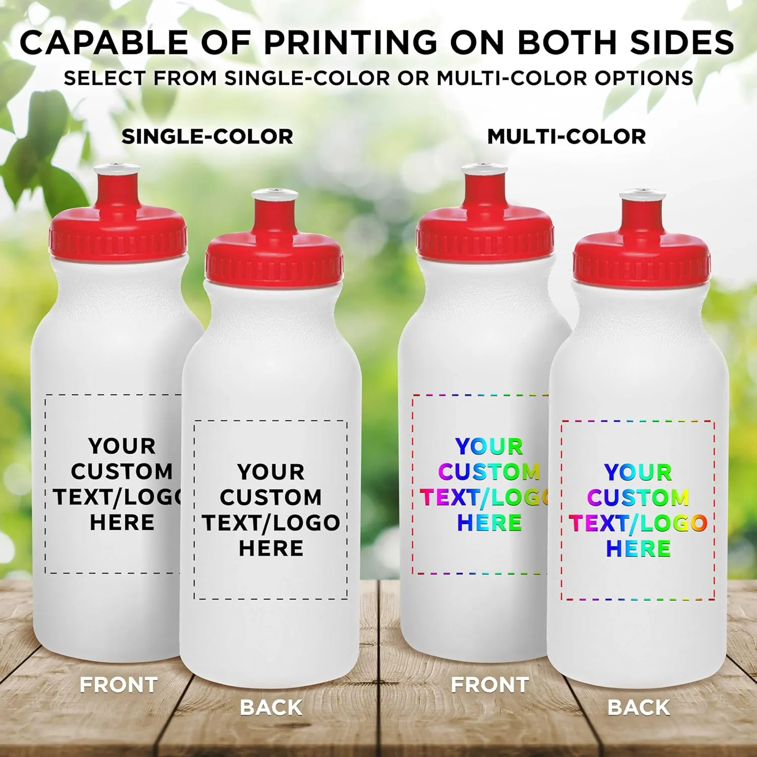 DISCOUNT PROMOS Custom White Water Bottles with Push Cap -50 pack, Customizable Text, Logo, 20 oz, Reusable BPA FREE Squeezable Bottles in Bulk, White Red