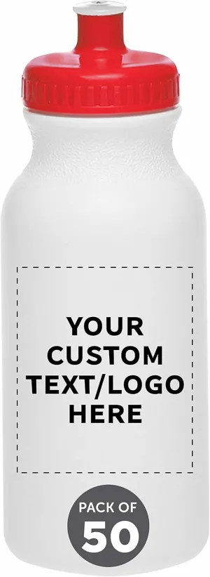 DISCOUNT PROMOS Custom White Water Bottles with Push Cap -50 pack, Customizable Text, Logo, 20 oz, Reusable BPA FREE Squeezable Bottles in Bulk, White Red