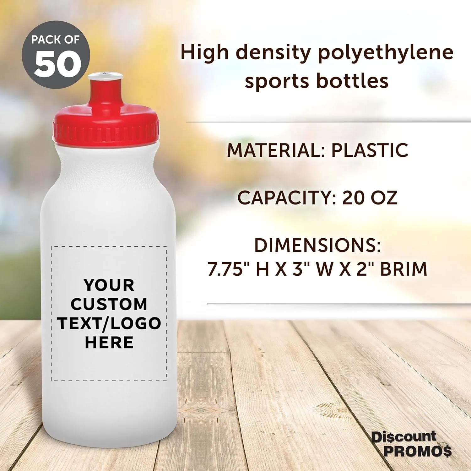 DISCOUNT PROMOS Custom White Water Bottles with Push Cap -50 pack, Customizable Text, Logo, 20 oz, Reusable BPA FREE Squeezable Bottles in Bulk, White Red