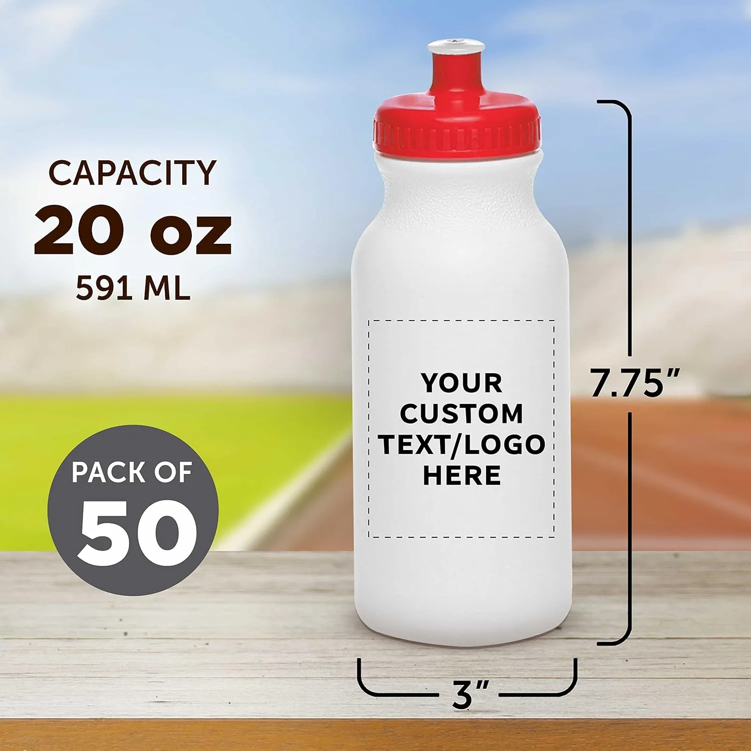 DISCOUNT PROMOS Custom White Water Bottles with Push Cap -50 pack, Customizable Text, Logo, 20 oz, Reusable BPA FREE Squeezable Bottles in Bulk, White Red