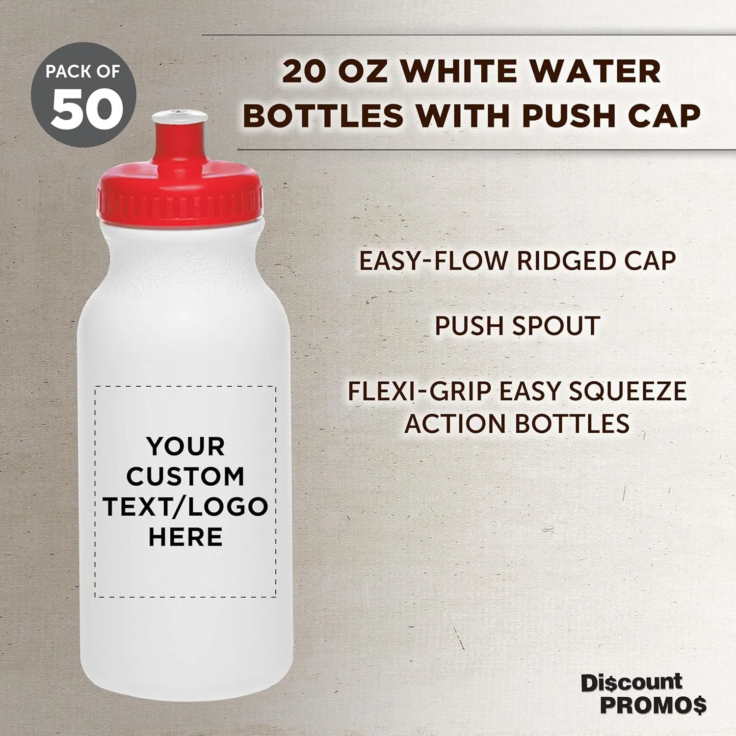 DISCOUNT PROMOS Custom White Water Bottles with Push Cap -50 pack, Customizable Text, Logo, 20 oz, Reusable BPA FREE Squeezable Bottles in Bulk, White Red