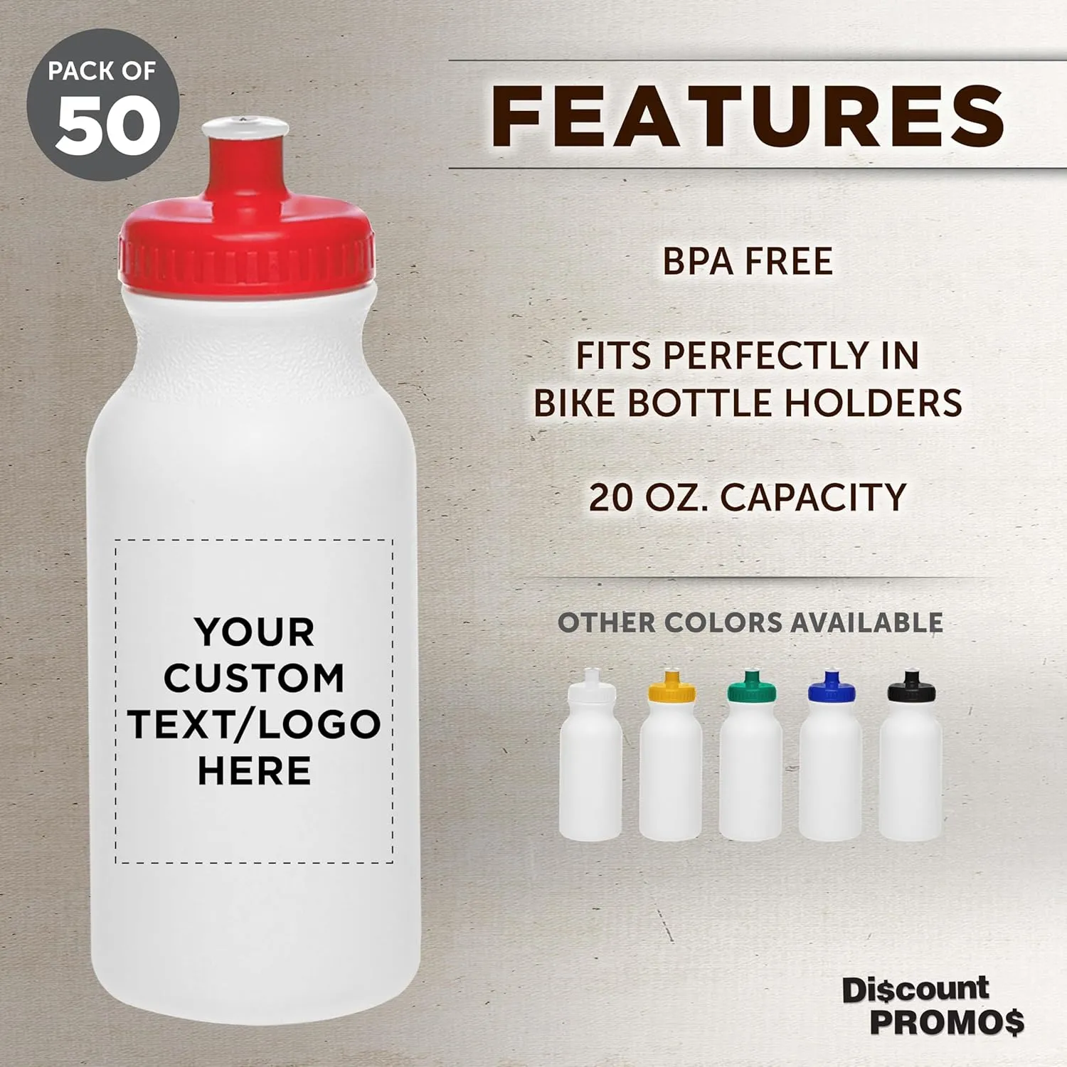 DISCOUNT PROMOS Custom White Water Bottles with Push Cap -50 pack, Customizable Text, Logo, 20 oz, Reusable BPA FREE Squeezable Bottles in Bulk, White Red