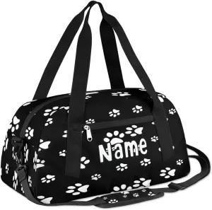 Dog Paw Footprints Travel Bag for Kids Little Boys Girls Teen Duffle Bag Boys Personalized Name Weekender Bag Mini Sport Gym Duffel Bag Girls Sleepover Bag Overnight Duffle