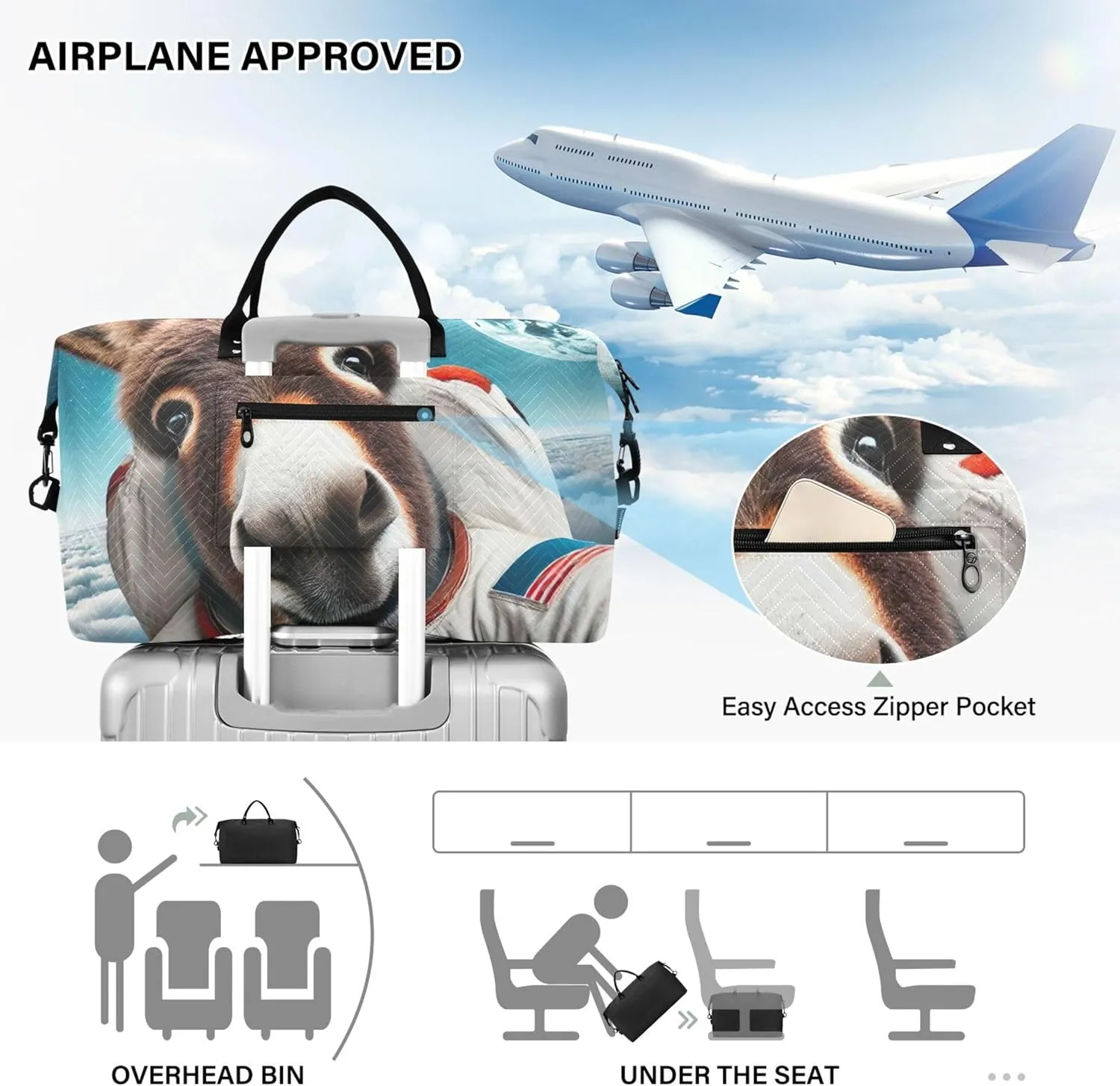 Donkey Astronaut Cute Duffel Bag for Travel Toiletry Bags Set of 2, Cute Print Womens Luggage Set of 2 Weekender Travel Bag