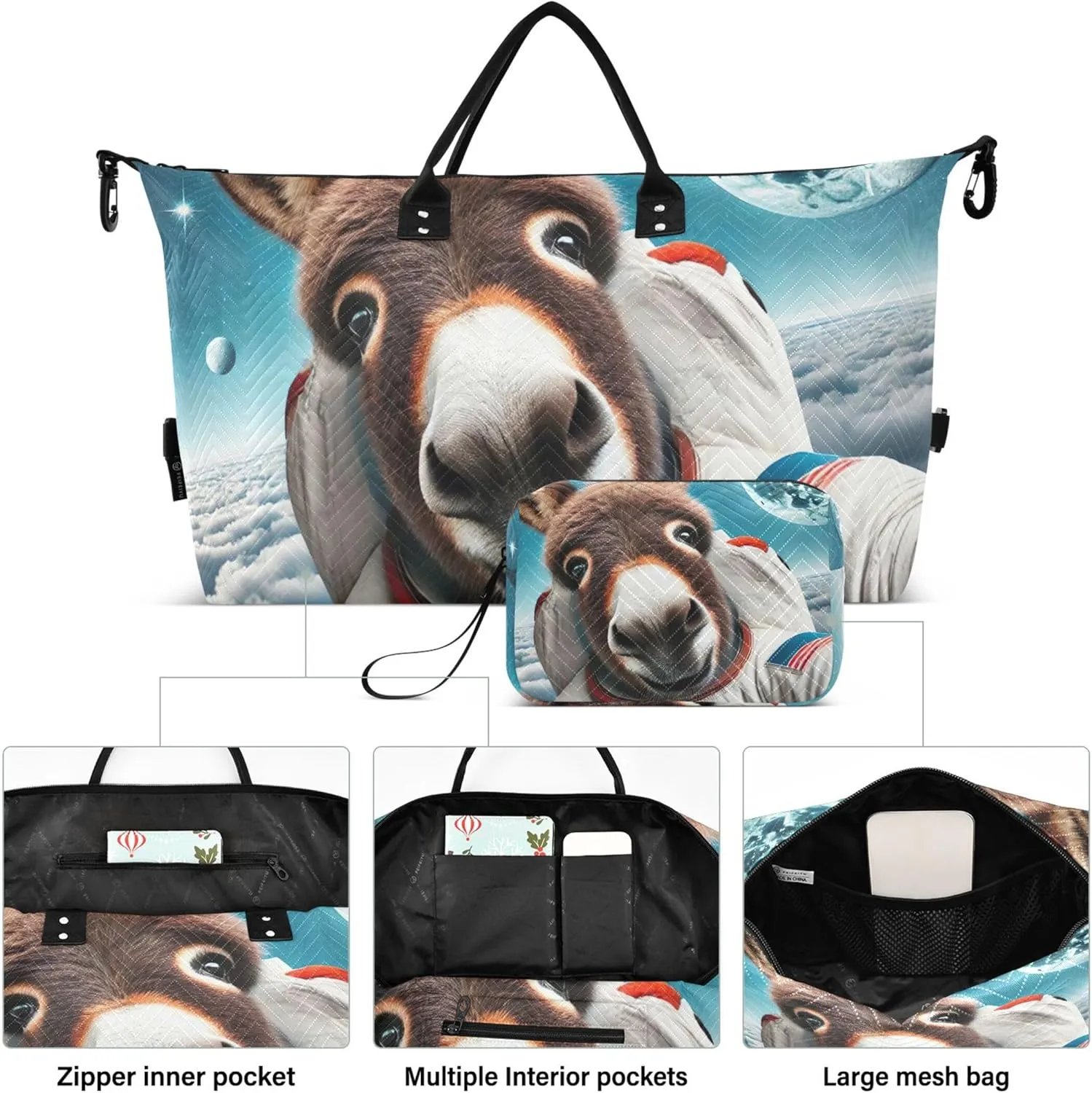 Donkey Astronaut Cute Duffel Bag for Travel Toiletry Bags Set of 2, Cute Print Womens Luggage Set of 2 Weekender Travel Bag