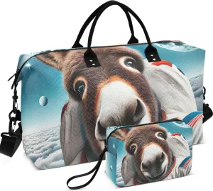 Donkey Astronaut Cute Duffel Bag for Travel Toiletry Bags Set of 2, Cute Print Womens Luggage Set of 2 Weekender Travel Bag