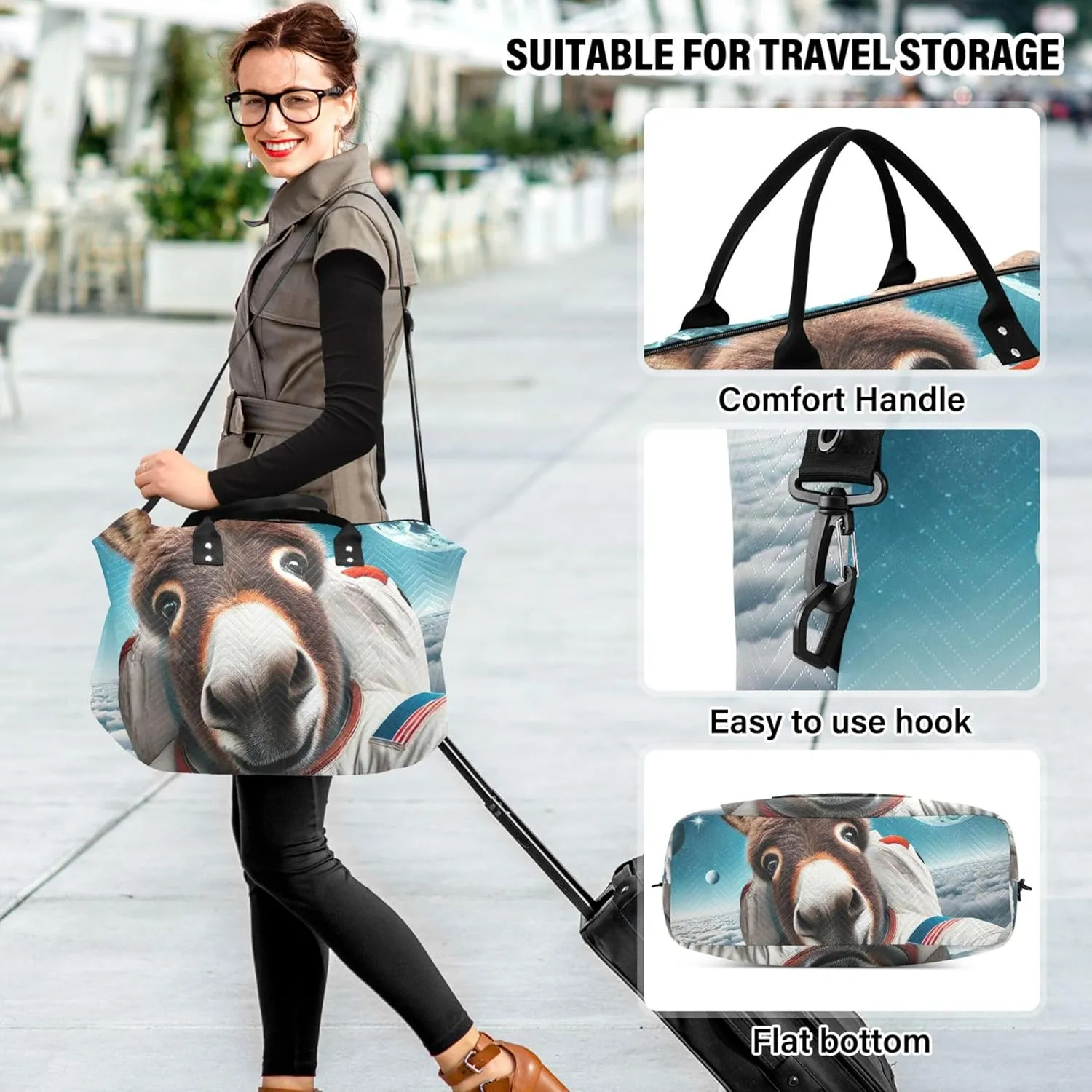 Donkey Astronaut Cute Duffel Bag for Travel Toiletry Bags Set of 2, Cute Print Womens Luggage Set of 2 Weekender Travel Bag
