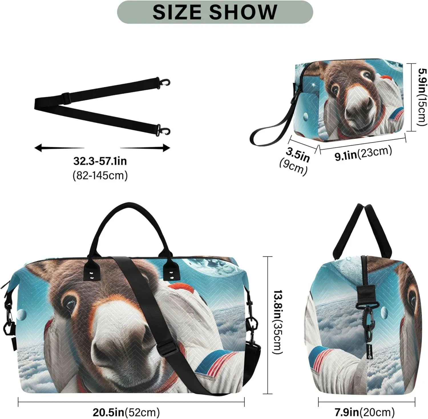 Donkey Astronaut Cute Duffel Bag for Travel Toiletry Bags Set of 2, Cute Print Womens Luggage Set of 2 Weekender Travel Bag