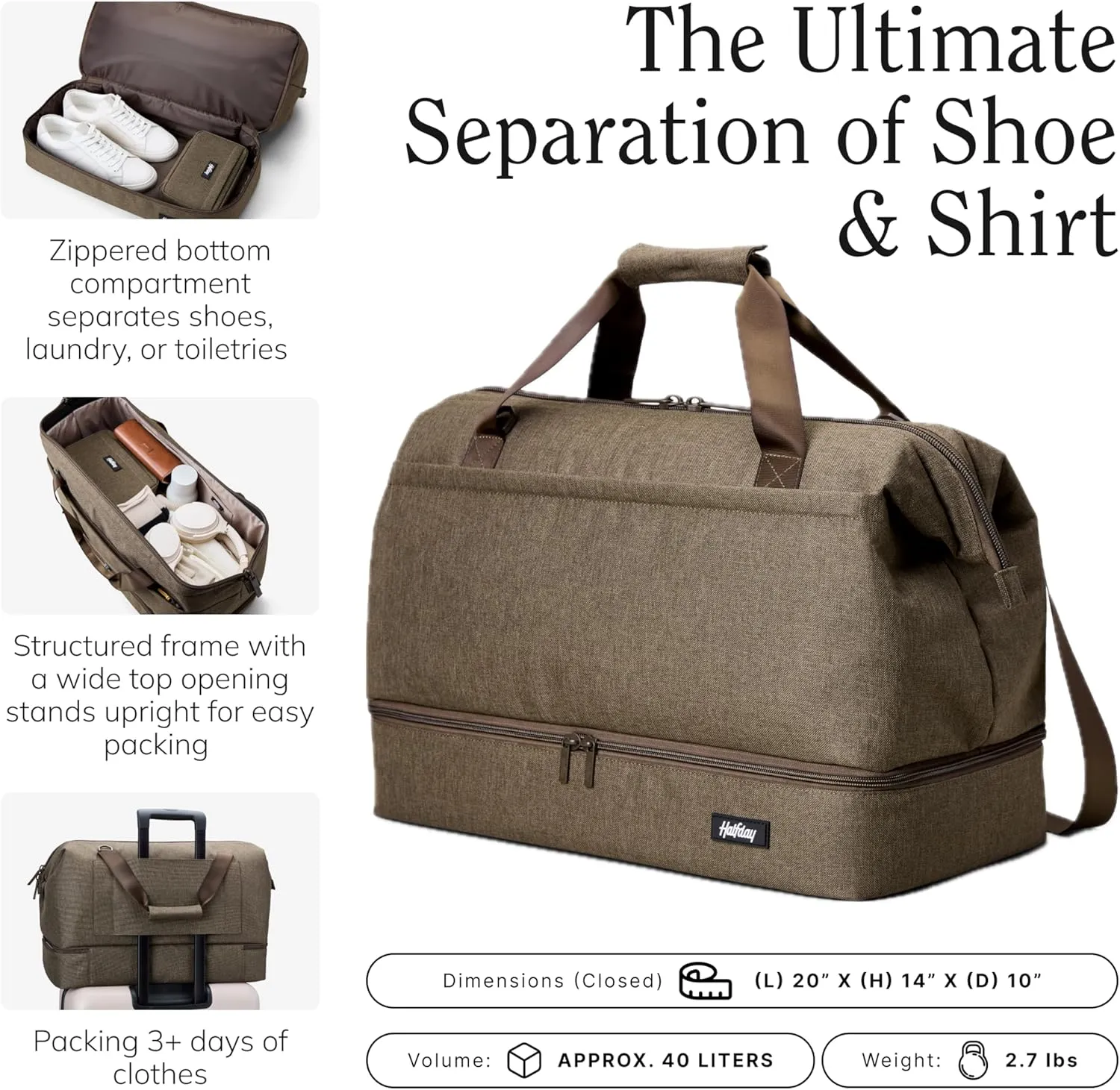 Double Decker Weekender Bag 40L Carry-On Duffel with Shoe Compartment, Water-Resistant, Foldable Travel Bag with Trolley Sleeve & Shoulder Strap – Dune