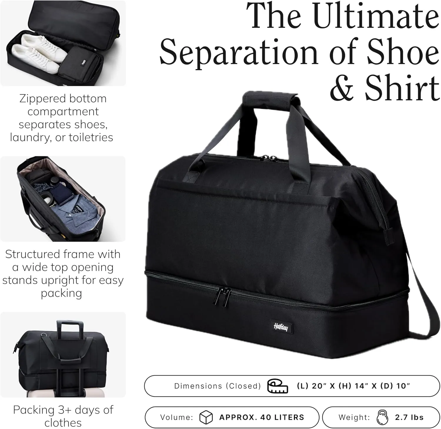 Double Decker Weekender Bag 40L Carry-On Duffel with Shoe Compartment, Water-Resistant, Foldable Travel Bag with Trolley Sleeve & Shoulder Strap – Jet