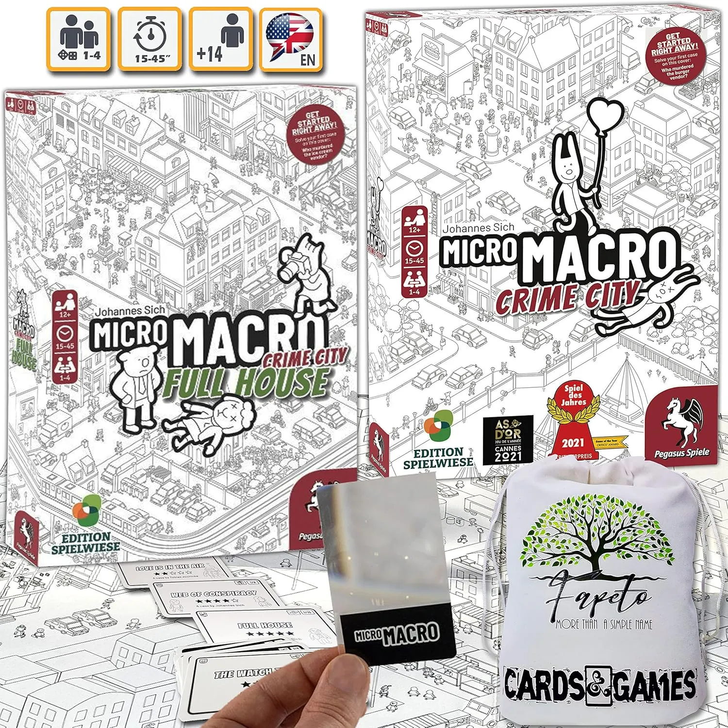 Drawstring Bag and Compatible Tokens Bundle with MicroMacro Crime City and Full House Board Games