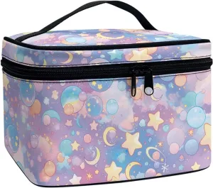 Dreamy Color Stars Makeup Bag Large Zipper Organizer Cosmetic Bag, Colorful Galaxy Moon Stars Travel Cosmetic Organizer Toiletry Bag for Women