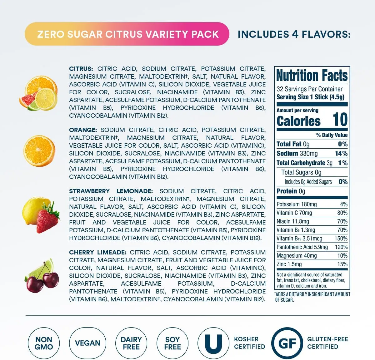 DripDrop Sugar Free Hydration Packets - Zero Citrus Variety Pack - Single Serve Electrolytes Powder Drink Mix - Cherry Limeade, Citrus, Orange, Strawberry Lemonade - Non-GMO, Gluten Free - 32 Sticks