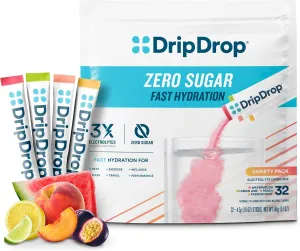 DripDrop Sugar Free Hydration Packets - Zero Classic Variety Pack - Single Serve Electrolytes Powder Drink Mix - Lemon Lime, Watermelon, Peach, Passion Fruit - Non-GMO, Gluten Free, Vegan - 32 Sticks
