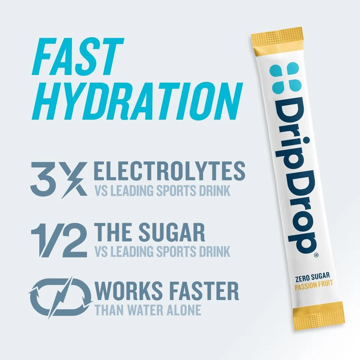 DripDrop Sugar Free Hydration Packets - Zero Passion Fruit - Single Serve Electrolytes Powder Drink Mix - Non-GMO, Gluten Free, Vegan - 32 Sticks