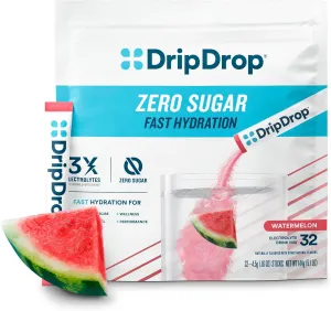DripDrop Sugar Free Hydration Packets - Zero Watermelon - Single Serve Electrolytes Powder Drink Mix - Non-GMO, Gluten Free, Vegan - 32 Sticks