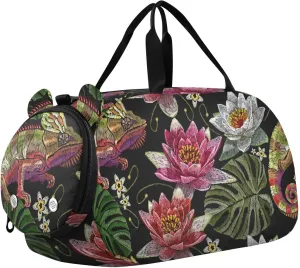 Duffel Bags for Boys Girls Chameleon Water Lilies Tropical Dance Bag Small Gym Bags for Kids Teens