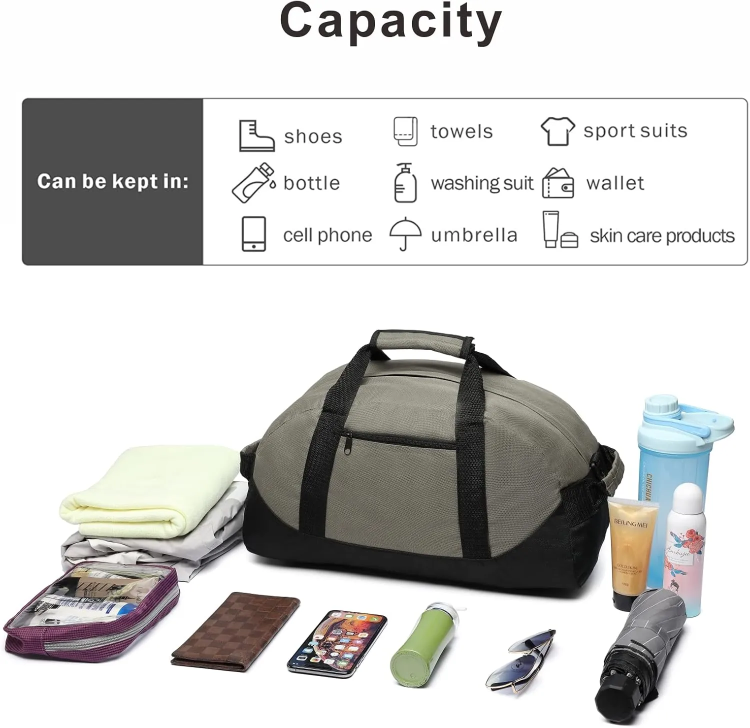 Duffle Bag, MISSMOON 18” Overnight Weekender Travel Sport Carry On Gym Bag Adjustable Shoulder Strap For Women Or Men GREY