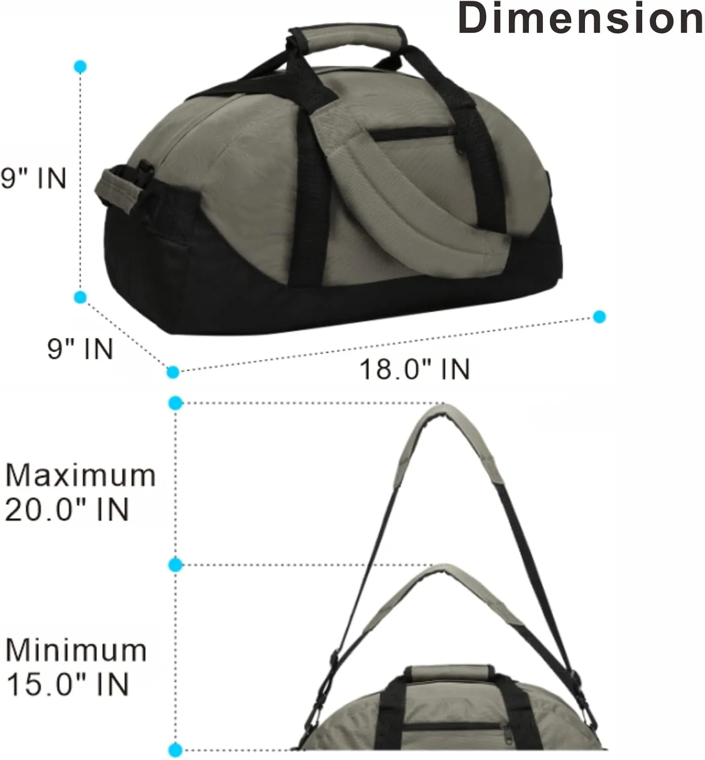 Duffle Bag, MISSMOON 18” Overnight Weekender Travel Sport Carry On Gym Bag Adjustable Shoulder Strap For Women Or Men GREY