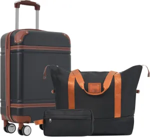 Durable Hardshell Luggage Set with Travel Bags and Spinner Wheels, 20 IN Carry-On Suitcase, Black