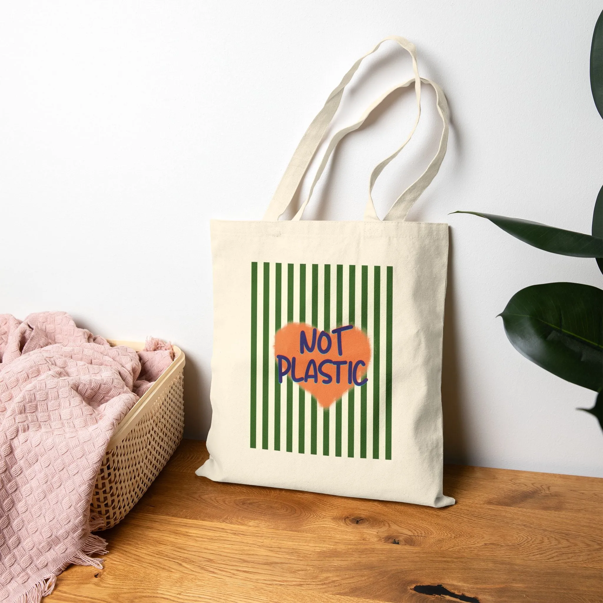 Eco-Friendly "Not Plastic"  Cotton Canvas Tote Bag, GREEN
