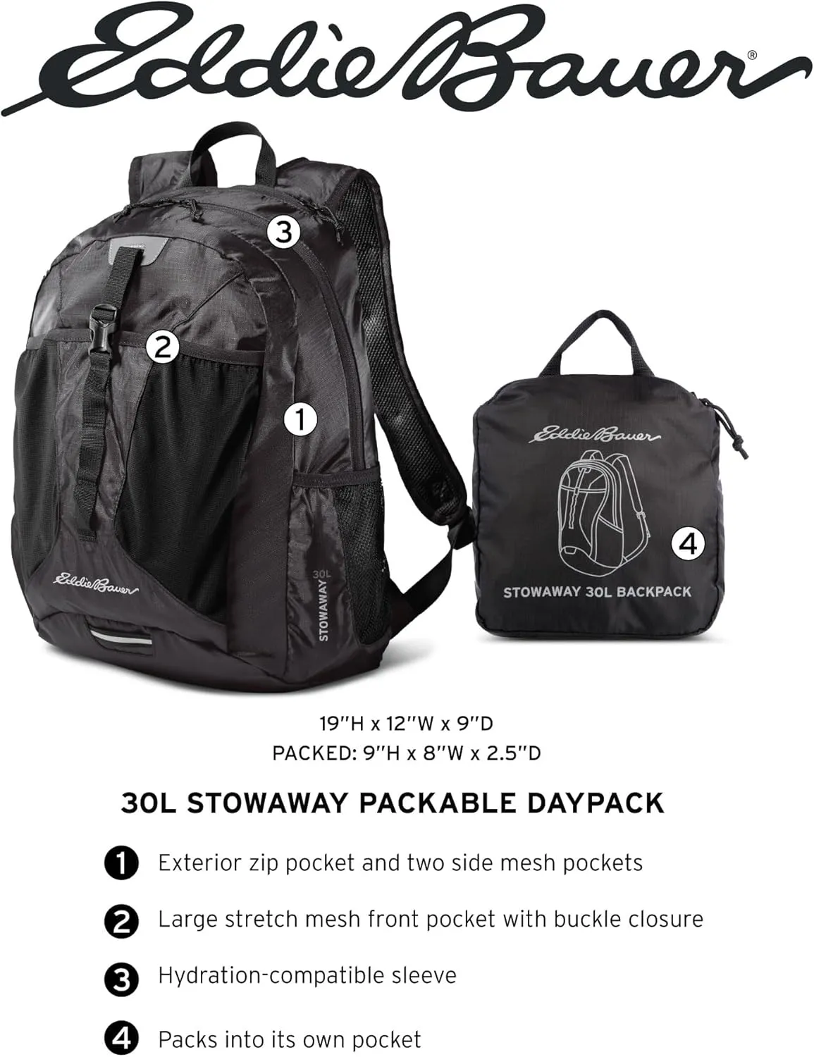Eddie Bauer Stowaway Packable Backpack-Made from Ripstop Polyester, Dark Smoke, 30L