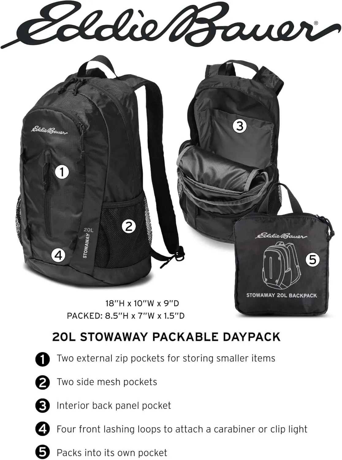 Eddie Bauer Stowaway Packable Backpack-Made from Ripstop Polyester, Onyx, 20L