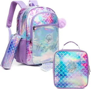 Egchescebo Kids Cats Backpack for Girls 17" 3PCS School Bag Toddler Travel Teen