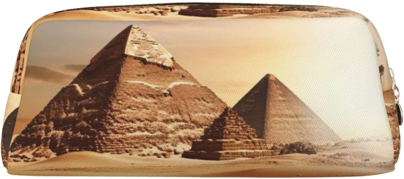 Egyptian Pyramid in Desert Makeup Bag Travel Toiletry Bag Big Pencil Bag for Women Men Leather Zipper Coin Pouch Purse