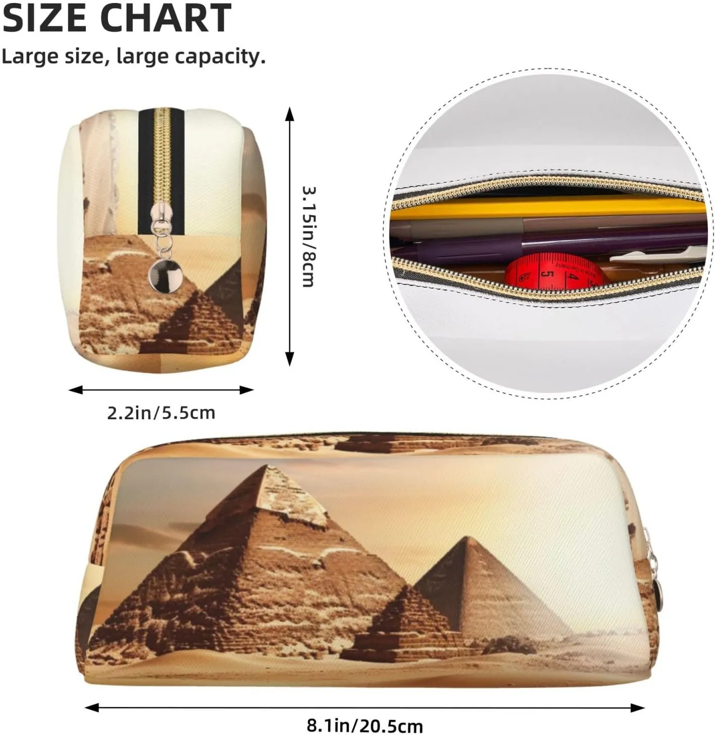 Egyptian Pyramid in Desert Makeup Bag Travel Toiletry Bag Big Pencil Bag for Women Men Leather Zipper Coin Pouch Purse