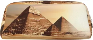Egyptian Pyramid in Desert Makeup Bag Travel Toiletry Bag Big Pencil Bag for Women Men Leather Zipper Coin Pouch Purse