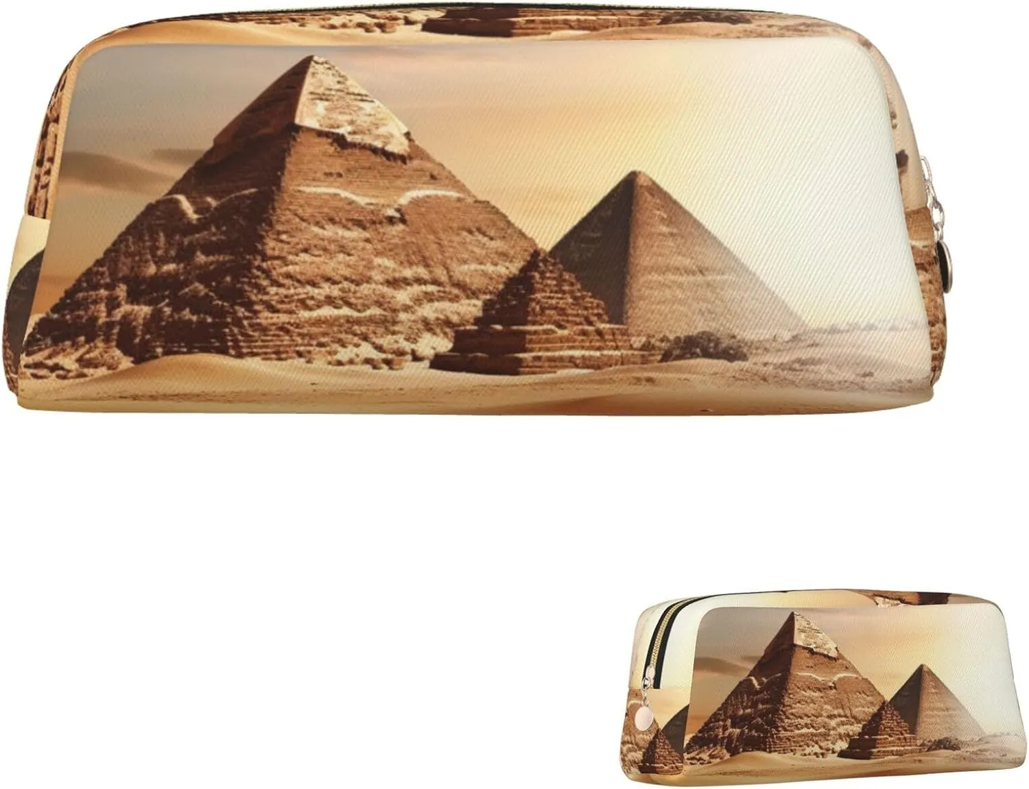 Egyptian Pyramid in Desert Makeup Bag Travel Toiletry Bag Big Pencil Bag for Women Men Leather Zipper Coin Pouch Purse