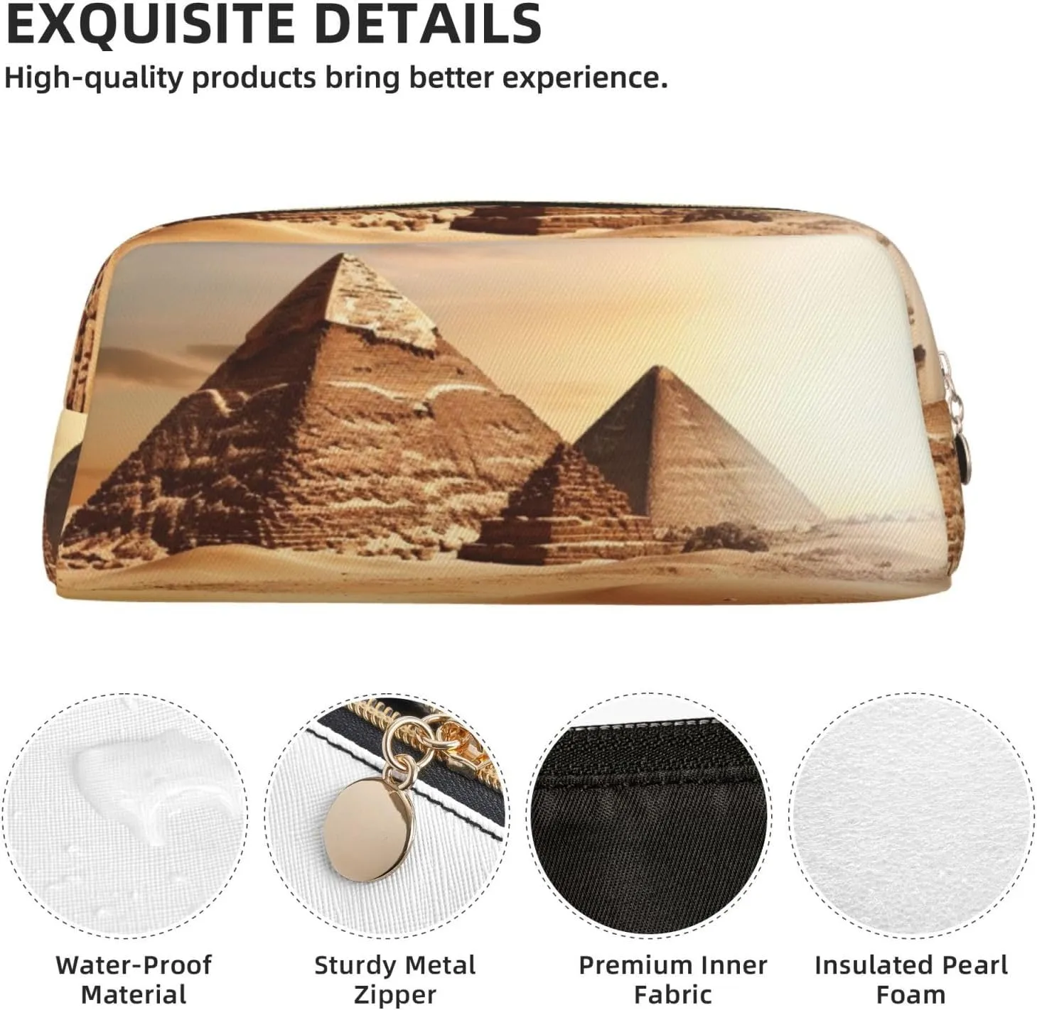 Egyptian Pyramid in Desert Makeup Bag Travel Toiletry Bag Big Pencil Bag for Women Men Leather Zipper Coin Pouch Purse