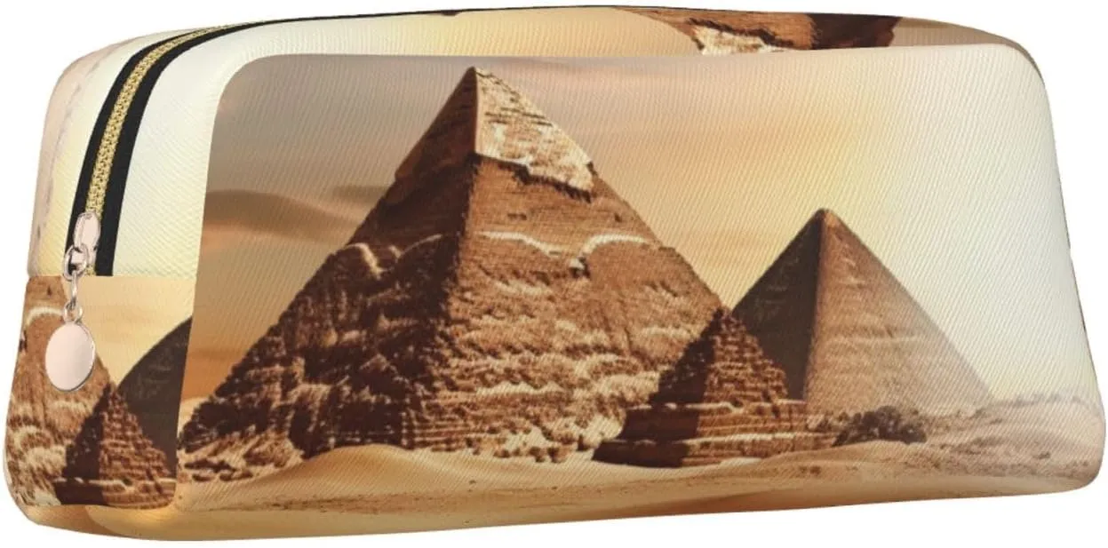 Egyptian Pyramid in Desert Makeup Bag Travel Toiletry Bag Big Pencil Bag for Women Men Leather Zipper Coin Pouch Purse