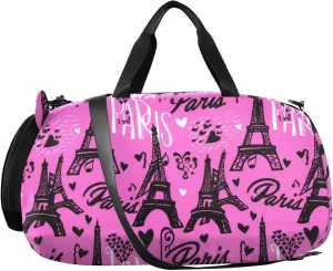 Eiffel Motifs Kids Overnight Duffle Bag,Gymnastics Sports Dance Bag with Shoe Compartment & Wet Pocket, Travel Weekender Tote for Boys & Girls