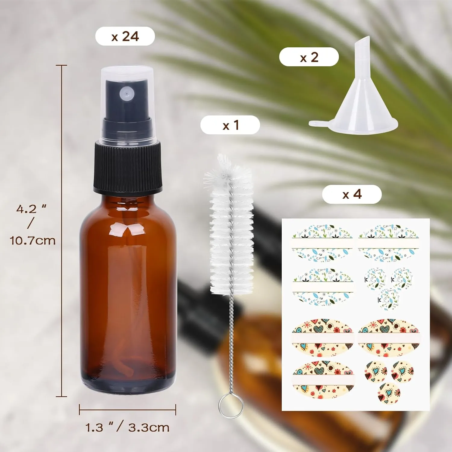 EkkoVla 24 Pack 1 oz Amber Spray Bottles with Fine Mist Sprayer, 30 ml Glass Travel Bottles for Cosmetic Essential Oils Cleaning Solutions Perfumes and Liquids