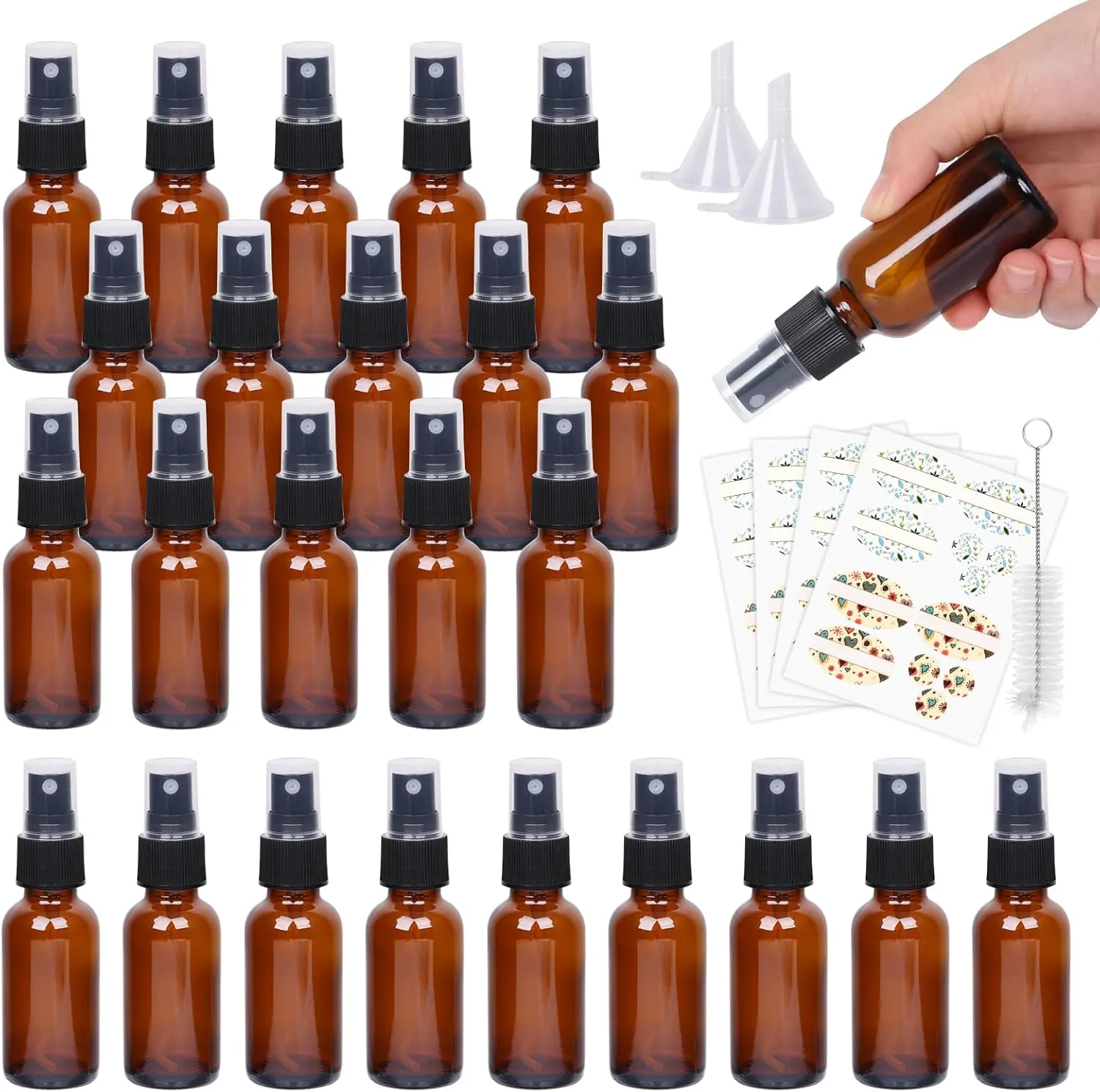EkkoVla 24 Pack 1 oz Amber Spray Bottles with Fine Mist Sprayer, 30 ml Glass Travel Bottles for Cosmetic Essential Oils Cleaning Solutions Perfumes and Liquids