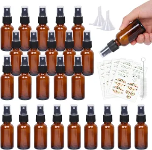 EkkoVla 24 Pack 1 oz Amber Spray Bottles with Fine Mist Sprayer, 30 ml Glass Travel Bottles for Cosmetic Essential Oils Cleaning Solutions Perfumes and Liquids