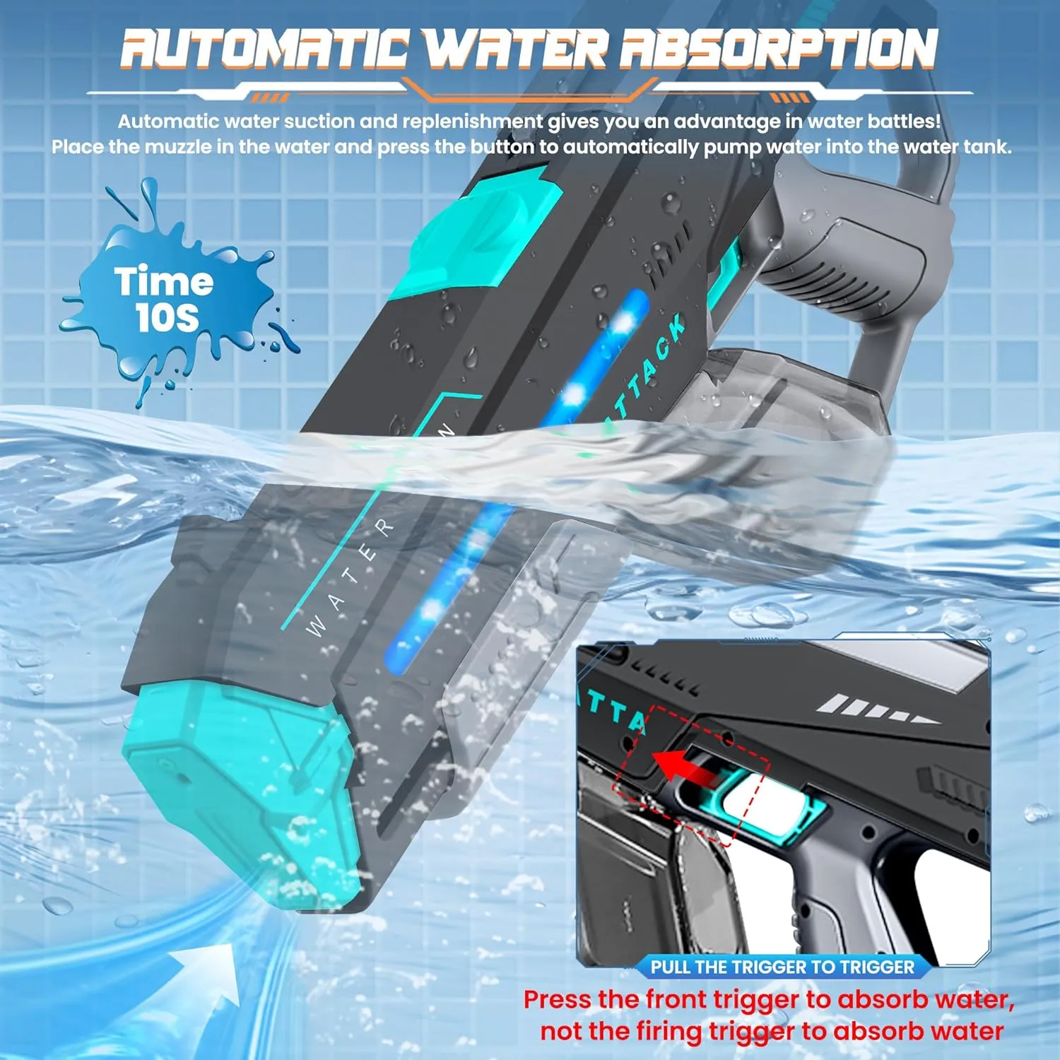 Electric Water Guns for Adults, Squirt Guns for Kids with Light Up and Large Capacity, Powerful Water Gun Up to 28-32FT Range for Summer Swimming Pool Party Beach Outdoor Activity(Gray)